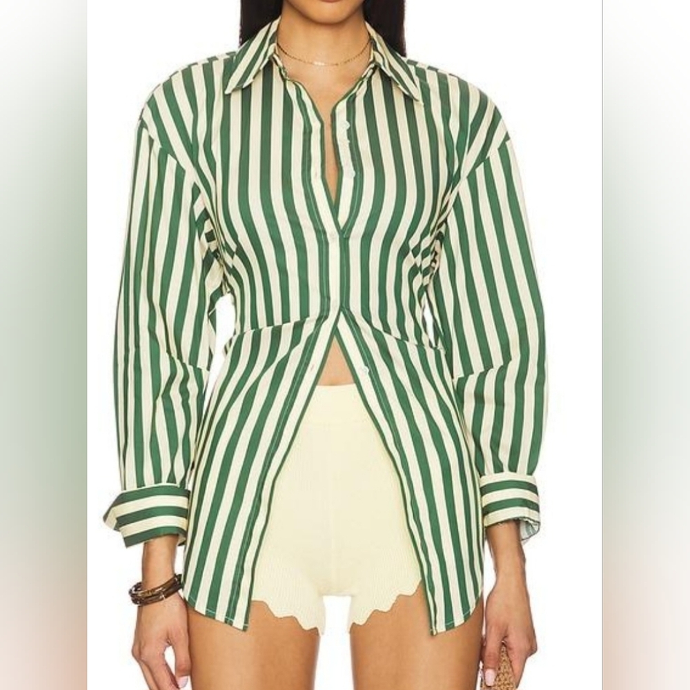 Simon Miller Green and White Striped Button Down Shirt